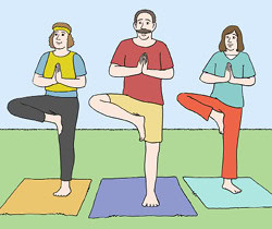 Drei Menschen machen eine Yoga-Übung im Park.