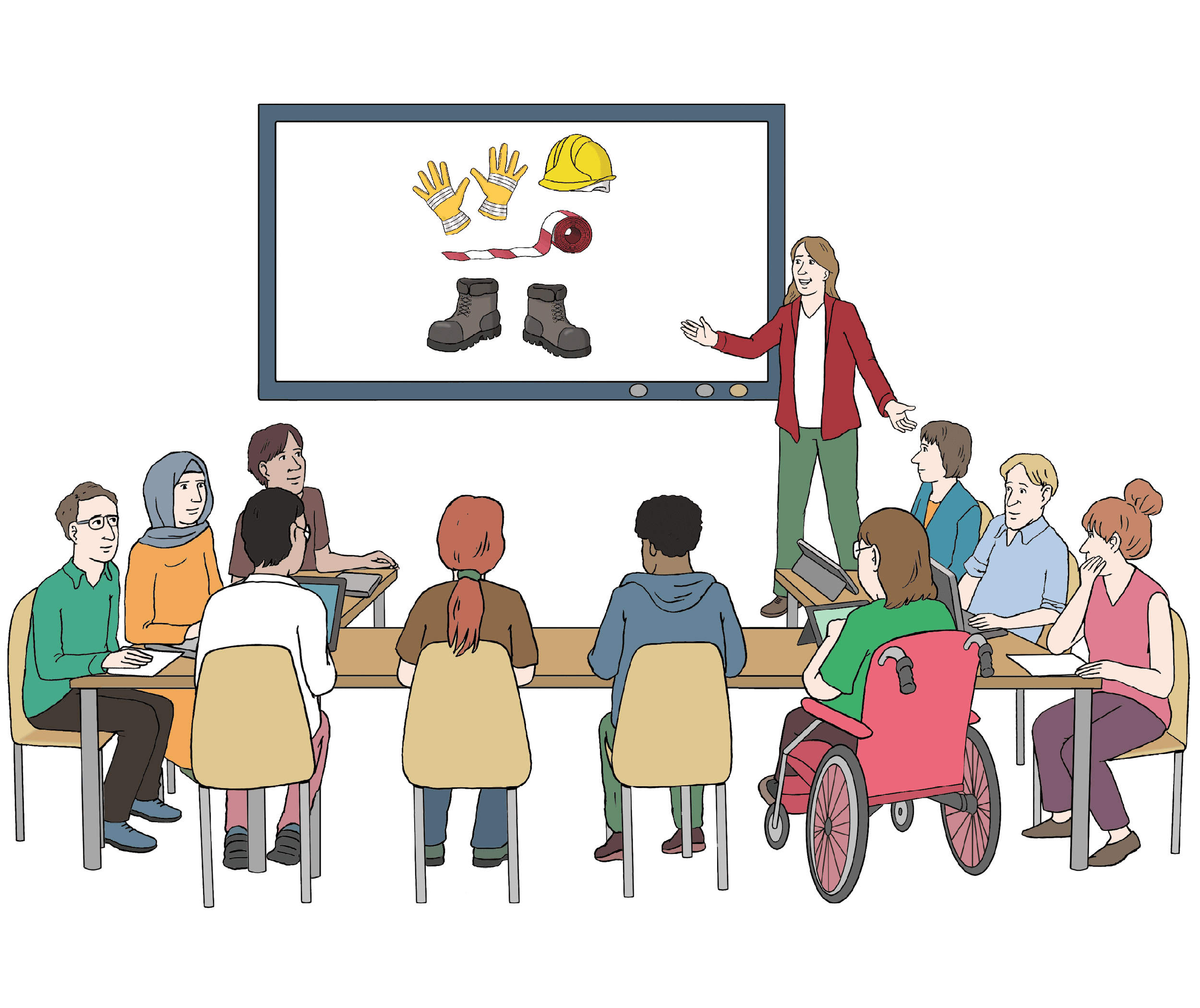 Eine Gruppe nimmt an einem Kurs zum Thema Arbeitssicherheit teil. Leichte Sprache