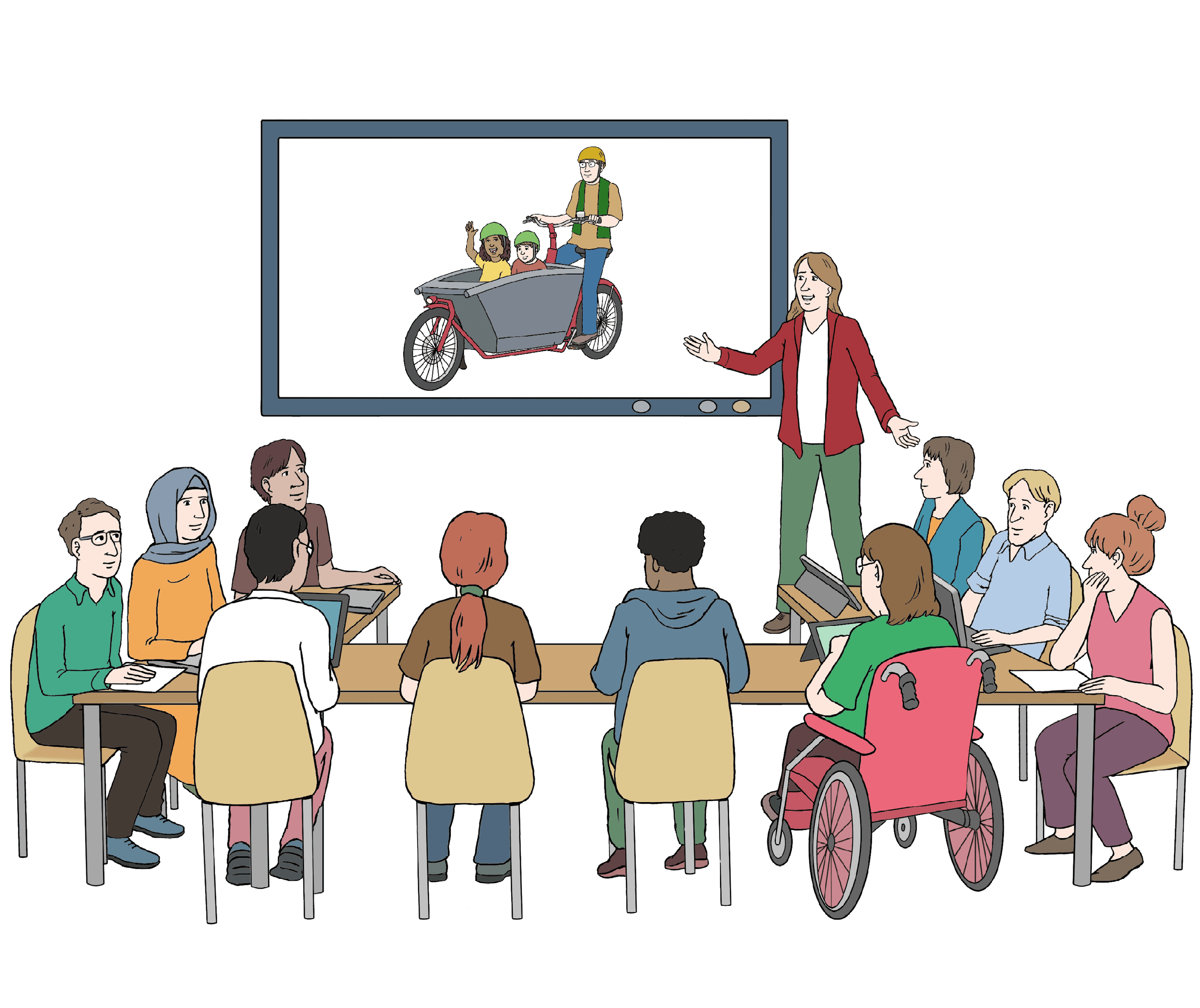 Eine Gruppe nimmt an einem Kurs zum Thema Lasten-Fahrräder teil. Leichte Sprache