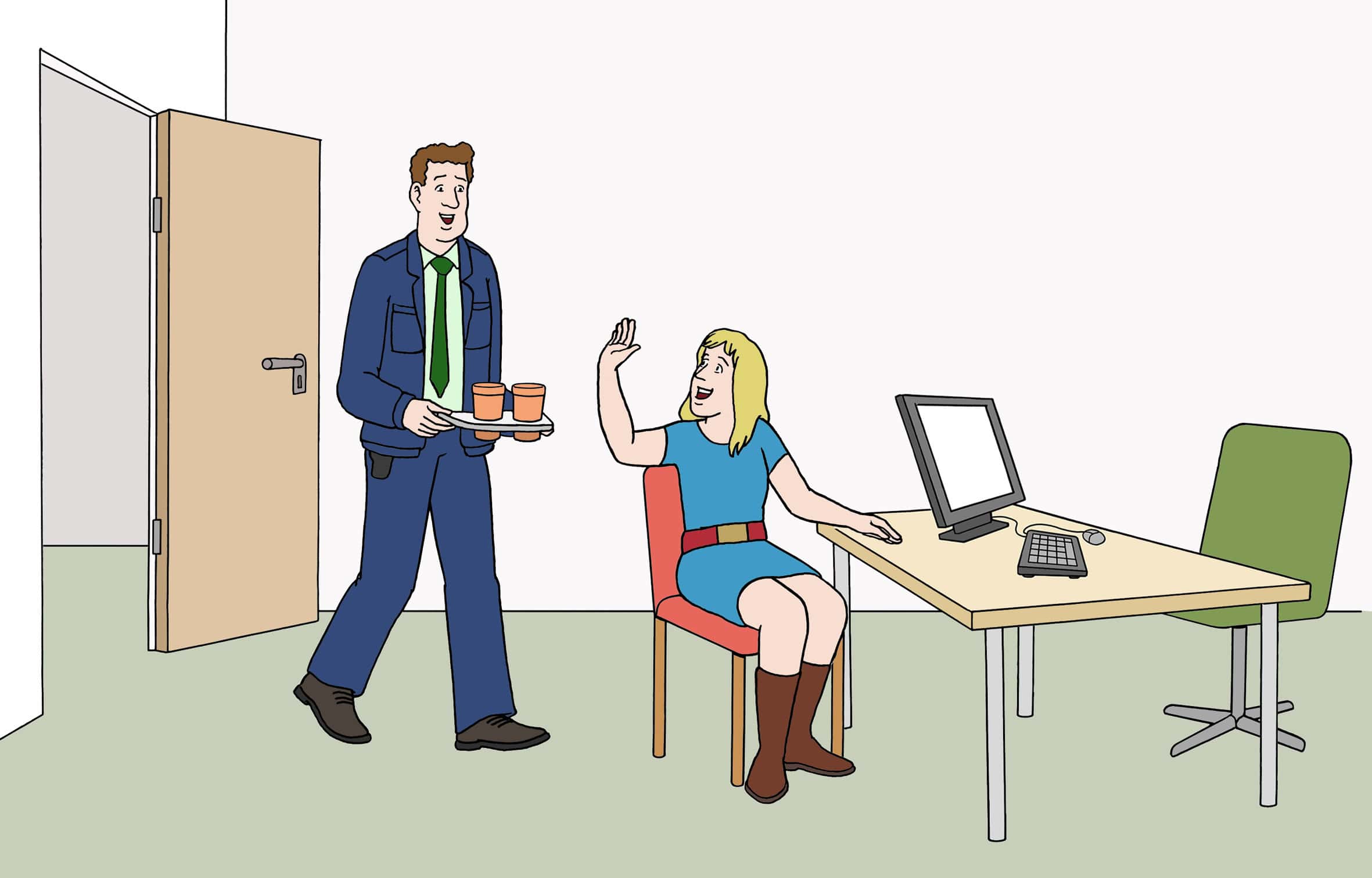 Illustration: Ein Mann bringt einer Frau Kaffee. Beide sind in einem Büro.