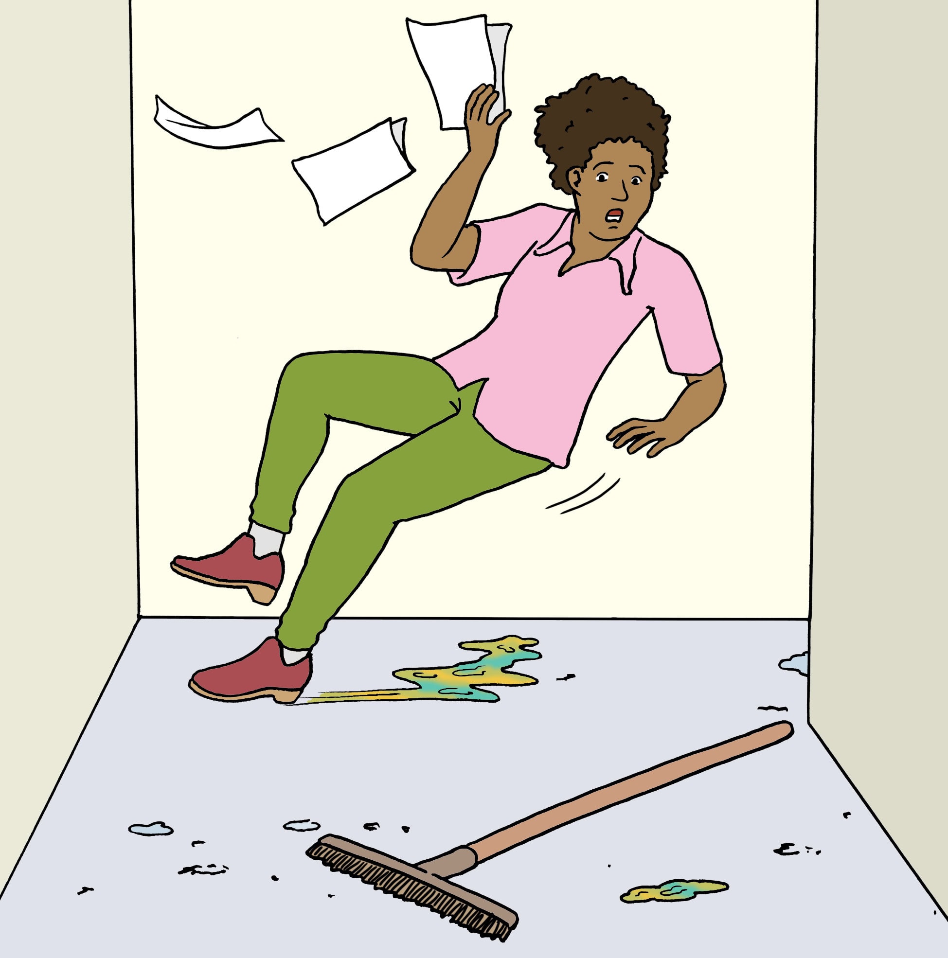 Illustration: Eine Frau rutscht auf dem frisch geputzen Boden aus.