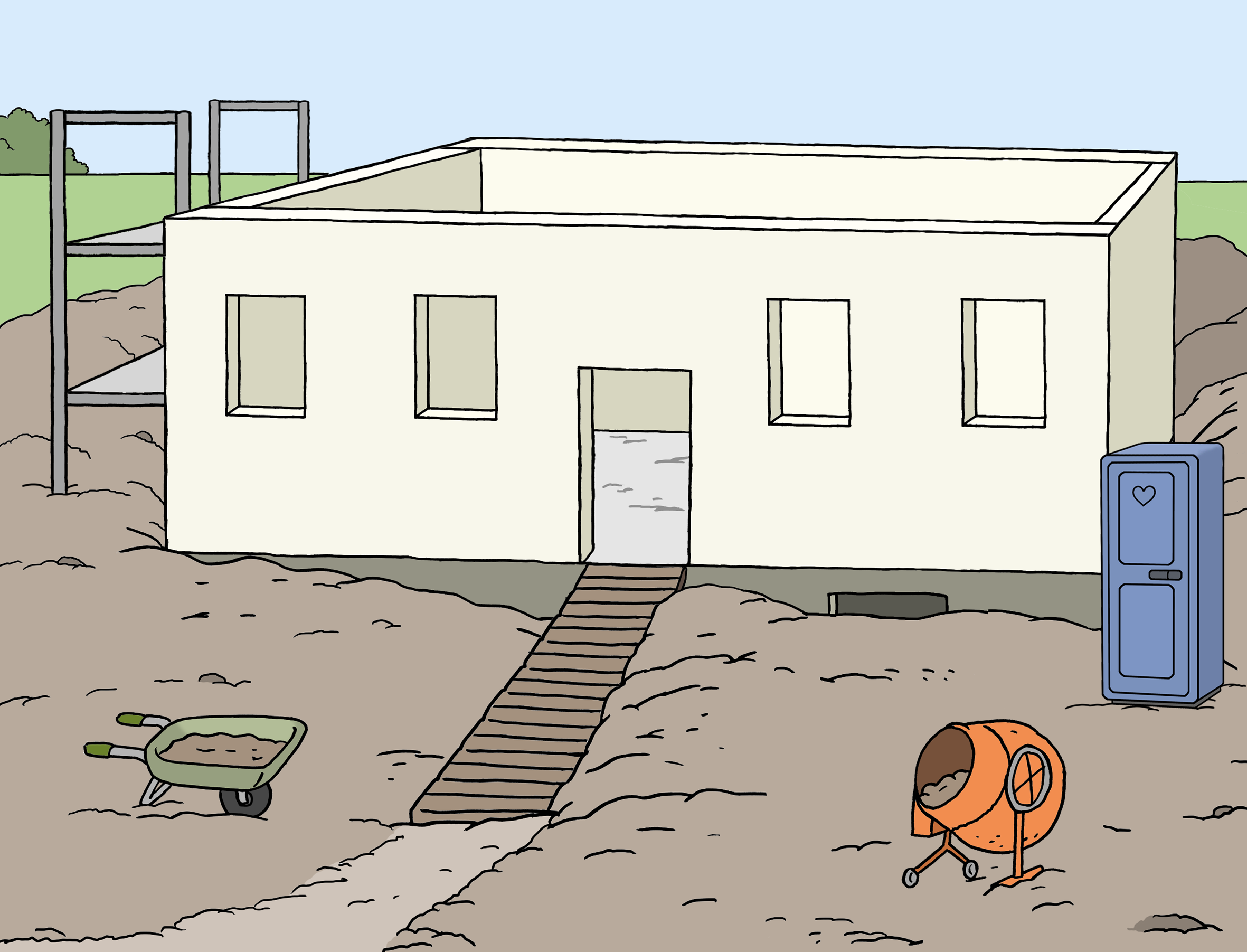 Illustration: Rohbau eines Hauses mit Baustelle davor.