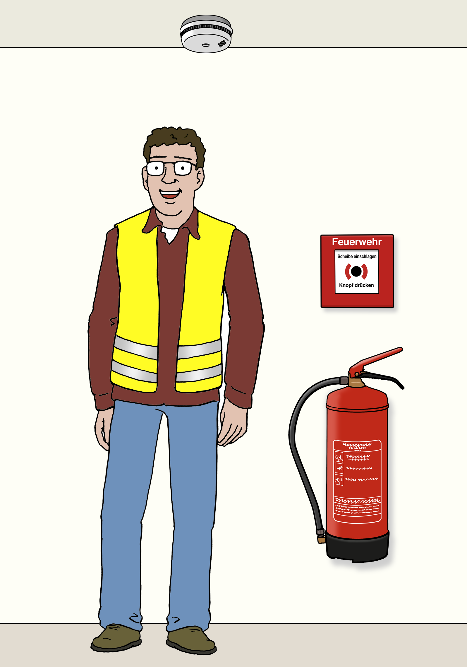 Illustration: Mann mit Warmweste steht neben Feuermelder und Alarm.