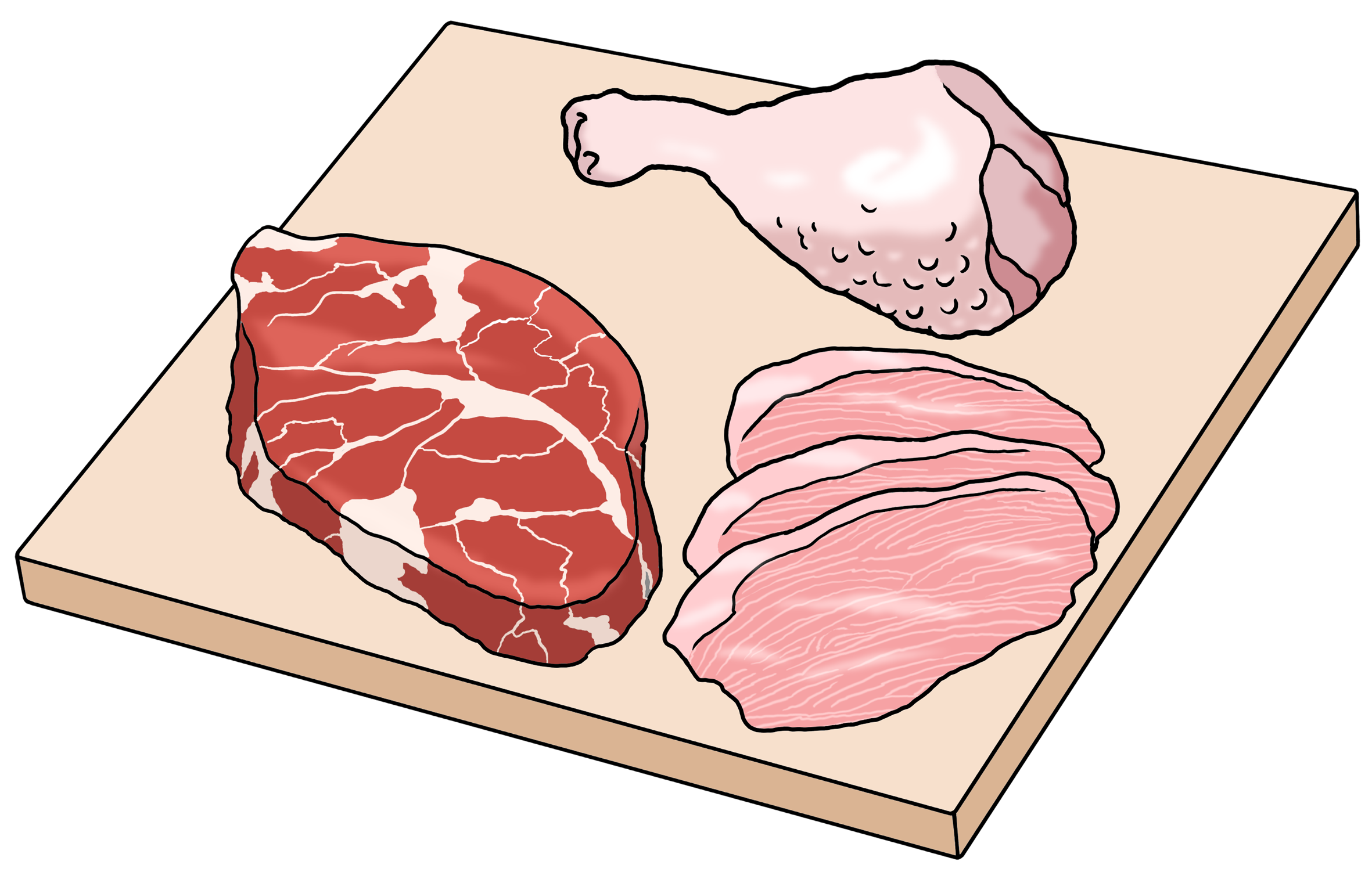 Illustration: Rohes Fleisch auf einem Schneidebrett.