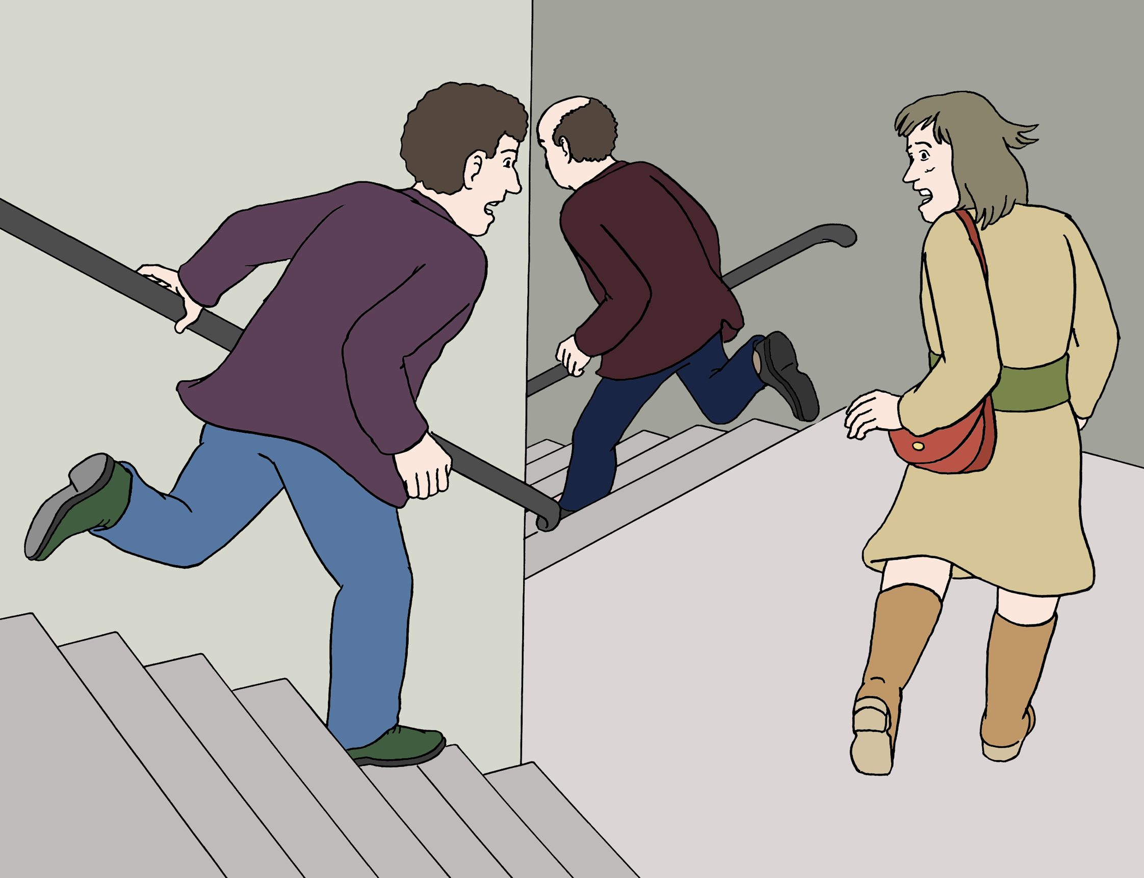 Illustration: Mehrere Menschen rennen eine Treppe herunter.