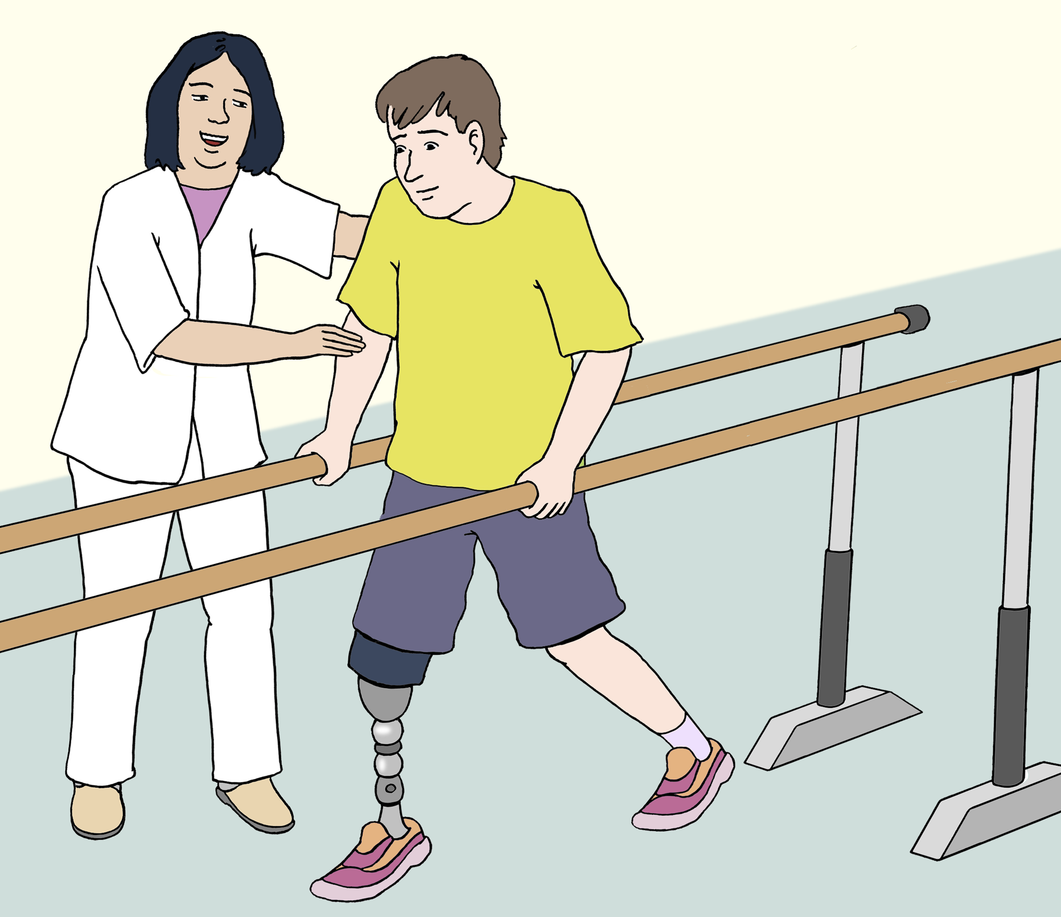 Illustration: Ein Mann mit Beinprothese lernt mit Hilfe wieder zu laufen.
