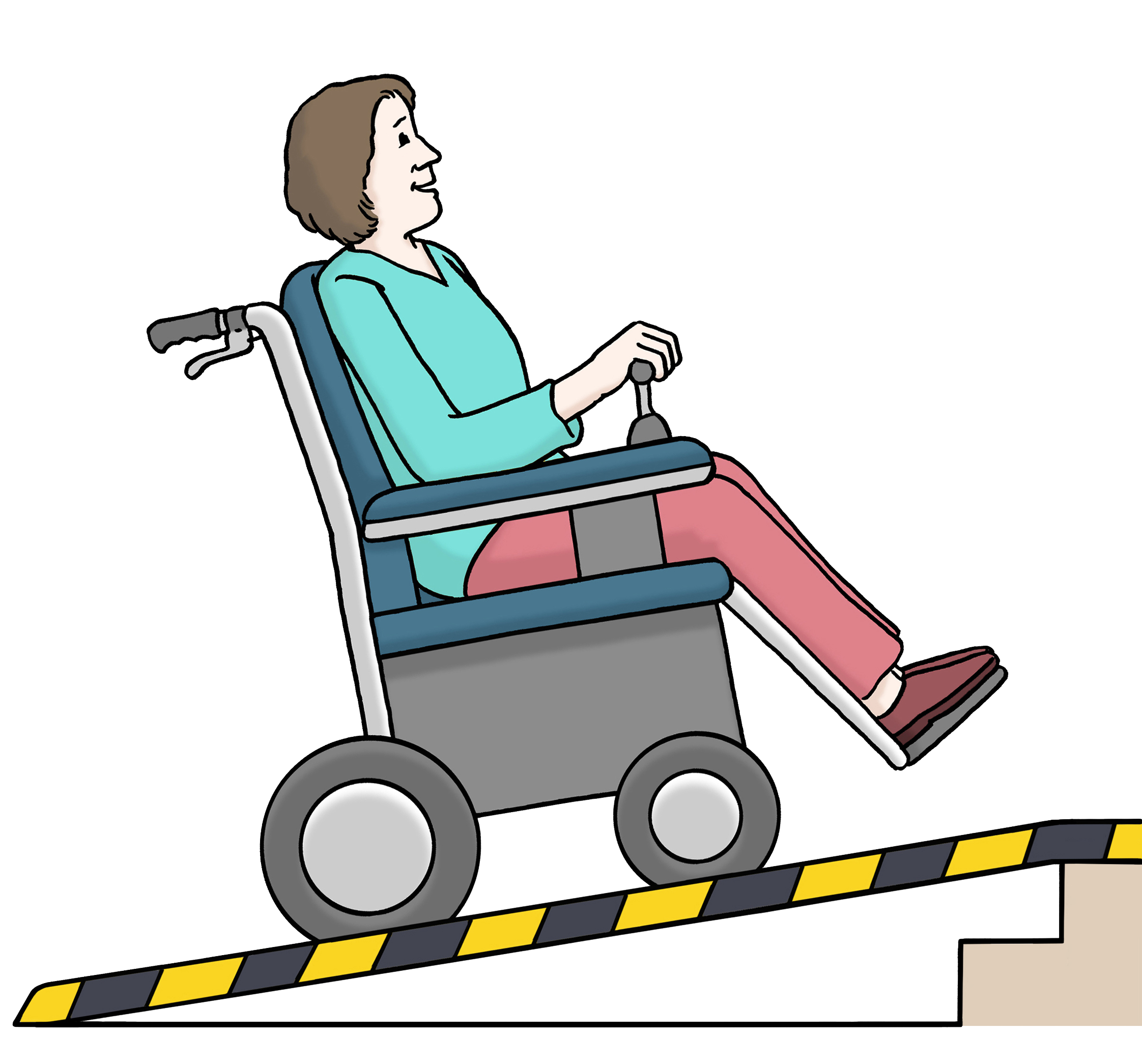Illustration: Frau im Rollstuhl fährt eine Rampe hoch.