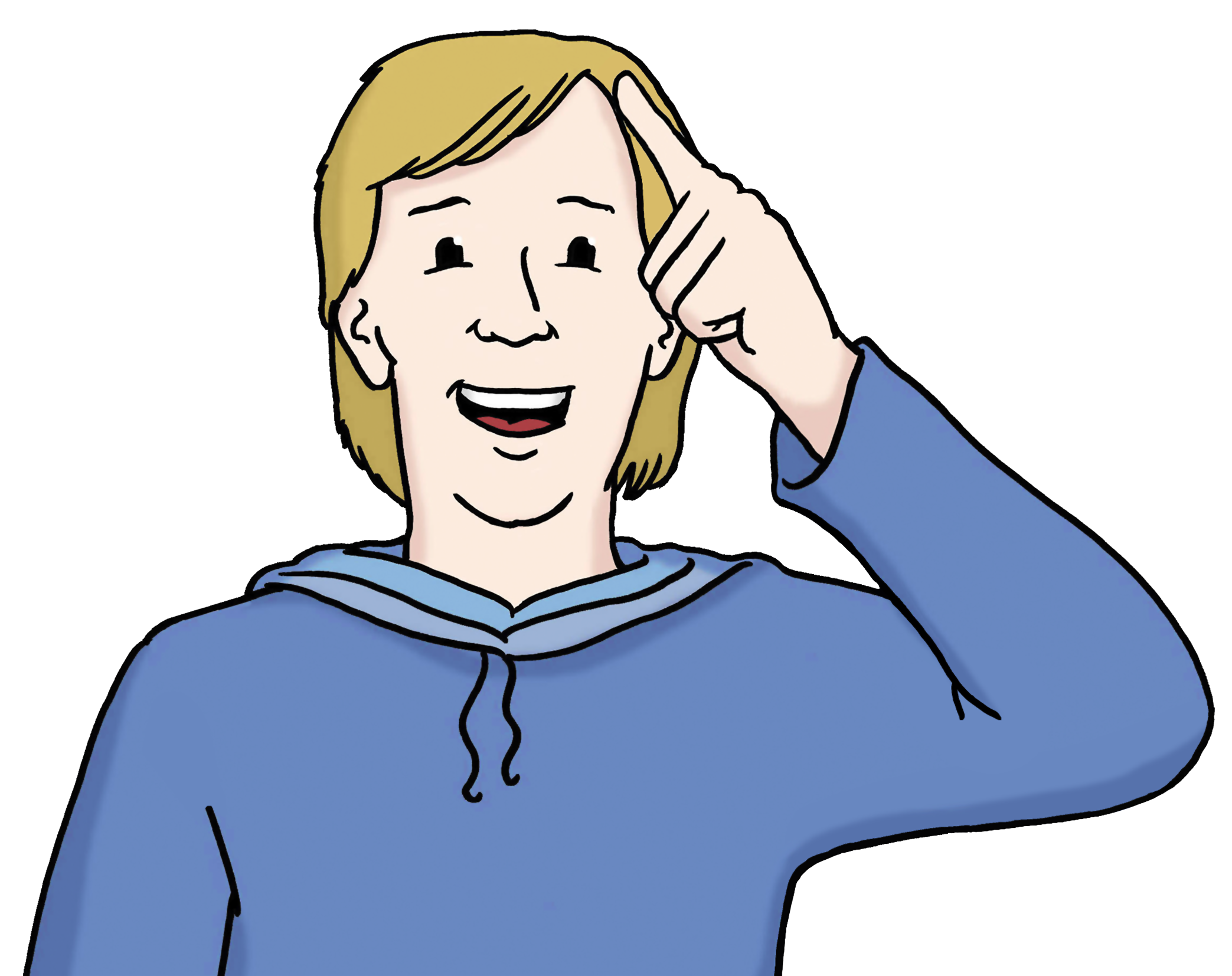 Illustration: Mann hält sich Finger an den Kopf. Er trägt einen blauen Sweater und hat blondes Haar. Er lächelt.
