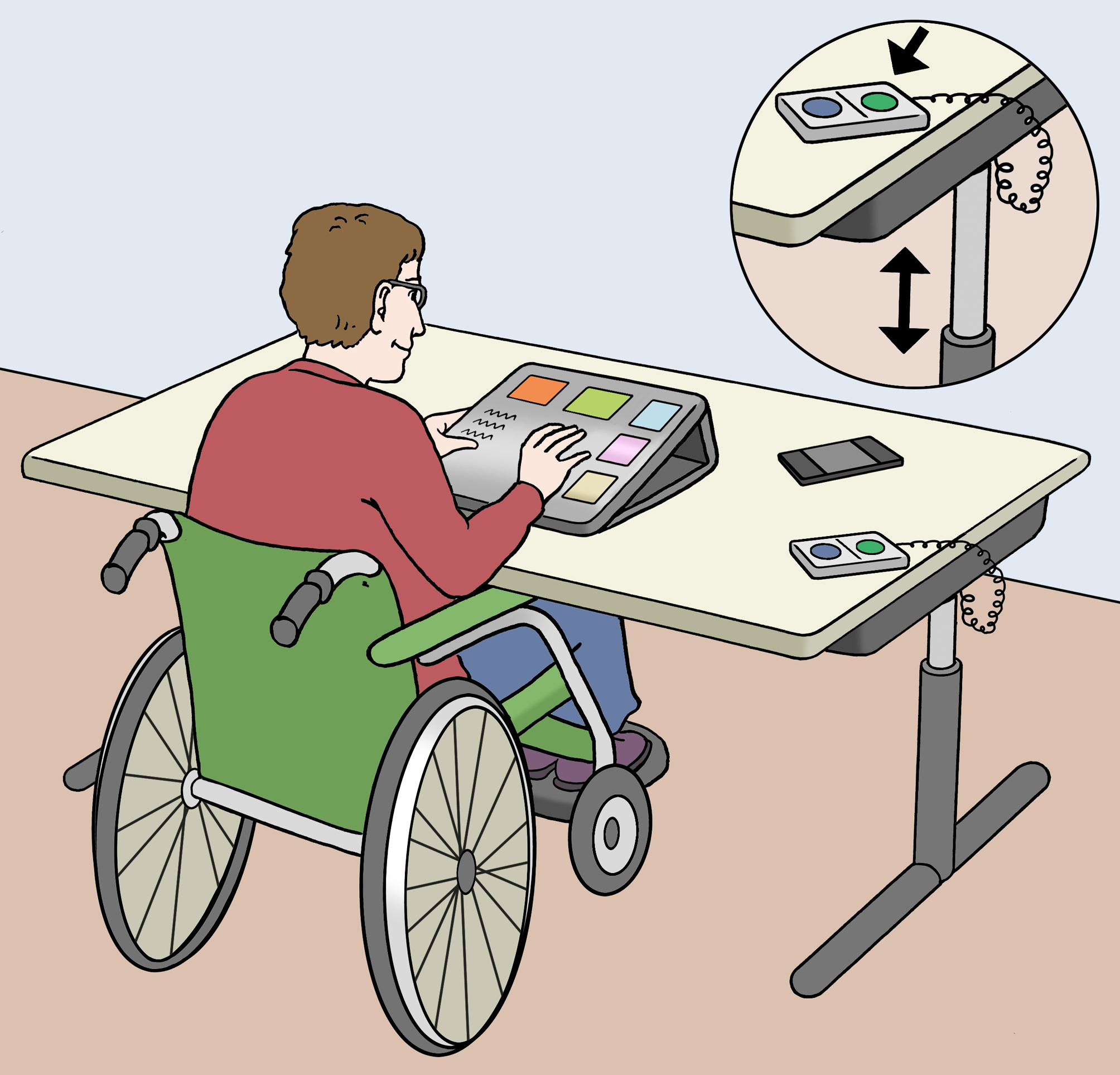 Illustration: Mann im Rollstuhl sitzt am Schreibtisch; darauf sind Hilfsmittel.