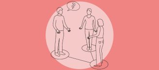 Zeichnung von drei sich gegenüberstehenden Personen die auf Kreisen stehen, die über eine Linie miteinander verbunden sind. Eine Sprechblase mit Fragezeichen deutet an, dass die linke Person eine Frage hat. Die zwei anderen Personen hören ihr zu.