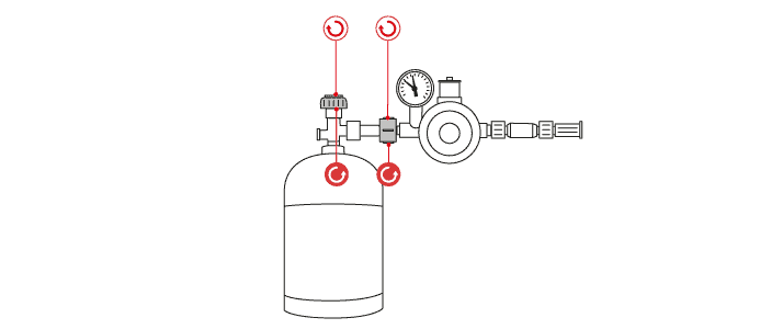 Eine Illustration einer Flüssiggasflasche mit Ventil und Druckregeleinrichtung.
