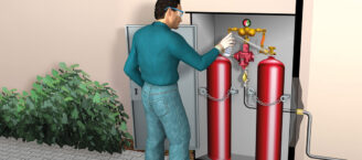 Eine Illustration einer Flüssiggasflasche mit Ventil und Druckregeleinrichtung. Ein Mensch sprüht Leckschutzspray.
