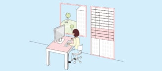 Zeichnung eines Bildschirmarbeitsplatzes mit Computertastatur und -bildschirm. And er Seite befinden sich drei Fenster: ein hochgelegenes, schmales Fenster, ein quadratisches Fenster auf Sichthöhe und ein bodentiefes Fenster mit Sonnenschutz.